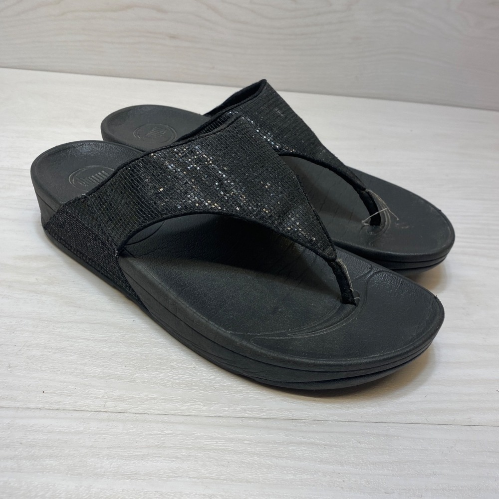 Fitflop Lulu Womens 9 41‎ Black Glitter Shimmer Sandal Flip Flops Thongs